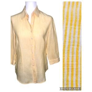 Coldwater Creek 100% Linen Yellow White Stripe 3/4 Sleeve  Blouse Small